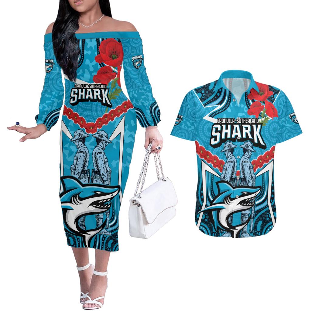 Custom Sharks Rugby ANZAC Couples Matching Off The Shoulder Long Sleeve Dress and Hawaiian Shirt Gallipoli Soldier With Aboriginal Art