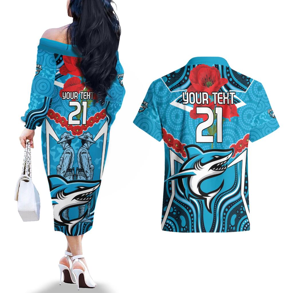 Custom Sharks Rugby ANZAC Couples Matching Off The Shoulder Long Sleeve Dress and Hawaiian Shirt Gallipoli Soldier With Aboriginal Art