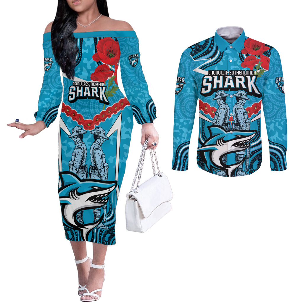 Custom Sharks Rugby ANZAC Couples Matching Off The Shoulder Long Sleeve Dress and Long Sleeve Button Shirt Gallipoli Soldier With Aboriginal Art