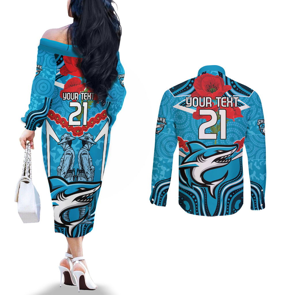 Custom Sharks Rugby ANZAC Couples Matching Off The Shoulder Long Sleeve Dress and Long Sleeve Button Shirt Gallipoli Soldier With Aboriginal Art