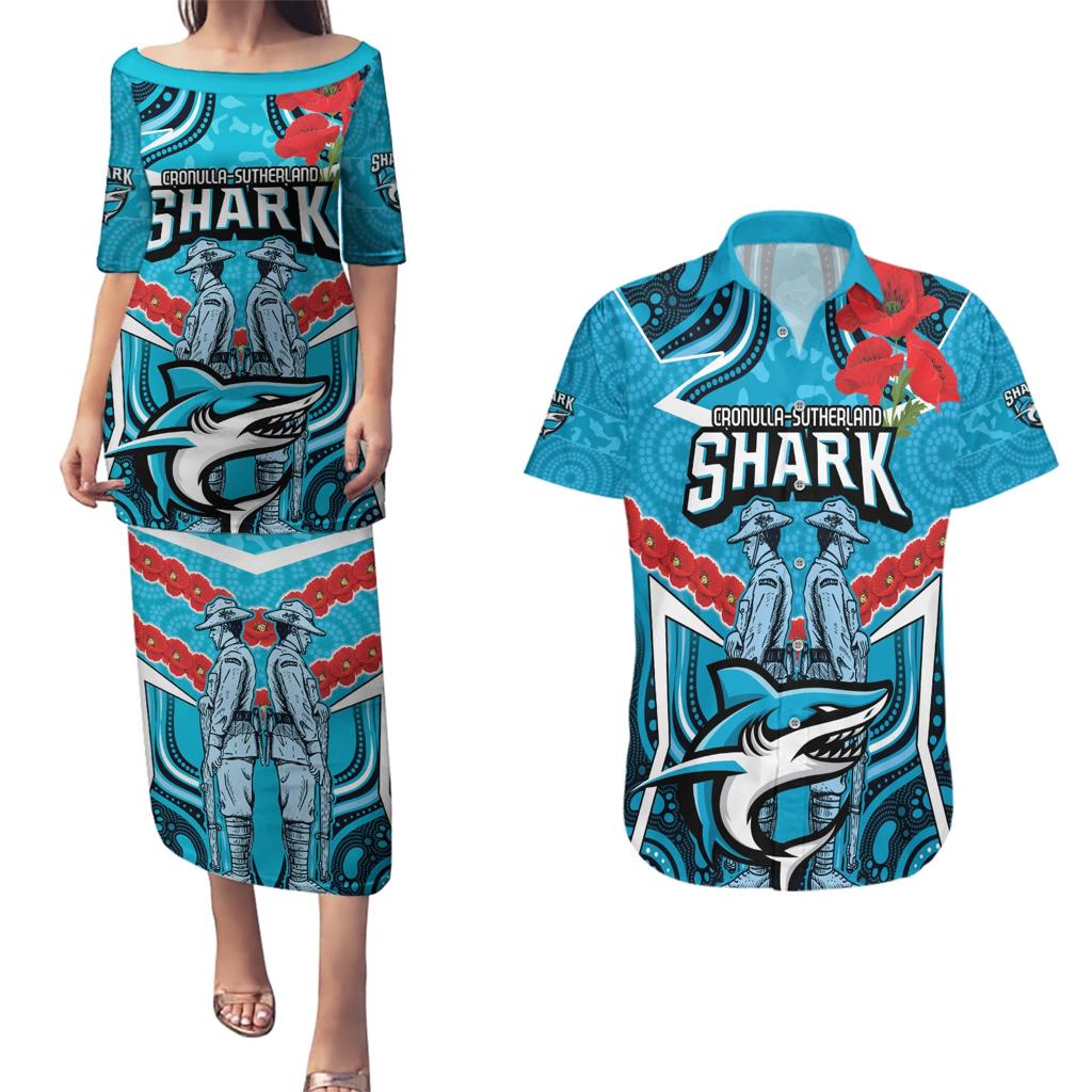 Custom Sharks Rugby ANZAC Couples Matching Puletasi and Hawaiian Shirt Gallipoli Soldier With Aboriginal Art