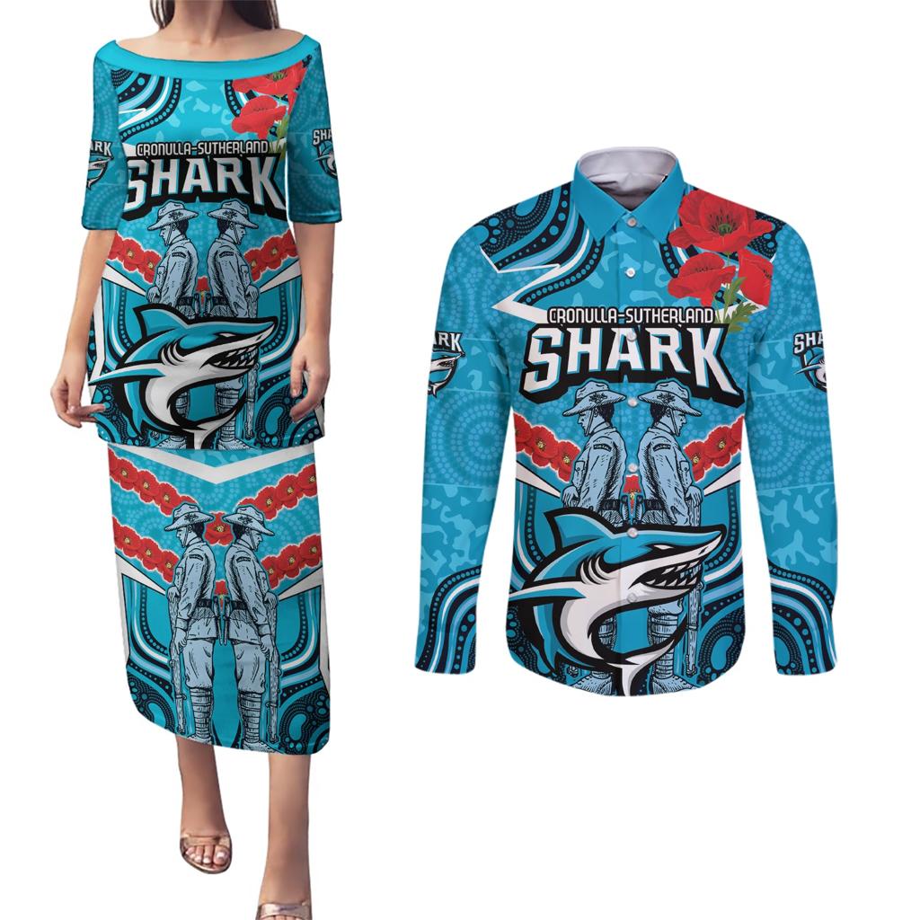 Custom Sharks Rugby ANZAC Couples Matching Puletasi and Long Sleeve Button Shirt Gallipoli Soldier With Aboriginal Art