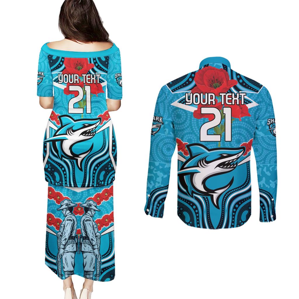 Custom Sharks Rugby ANZAC Couples Matching Puletasi and Long Sleeve Button Shirt Gallipoli Soldier With Aboriginal Art