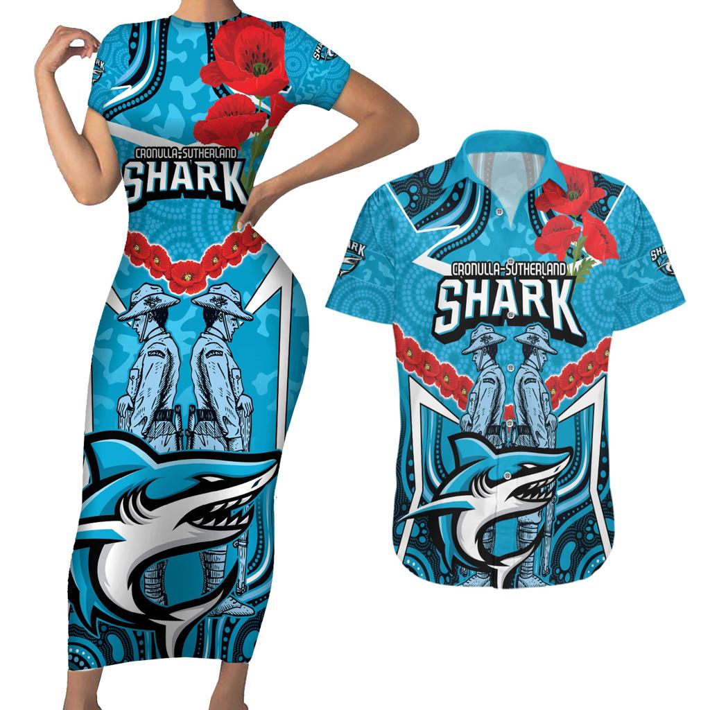 Custom Sharks Rugby ANZAC Couples Matching Short Sleeve Bodycon Dress and Hawaiian Shirt Gallipoli Soldier With Aboriginal Art