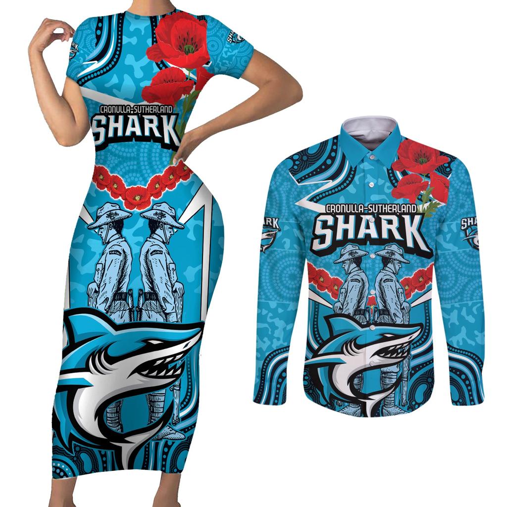 Custom Sharks Rugby ANZAC Couples Matching Short Sleeve Bodycon Dress and Long Sleeve Button Shirt Gallipoli Soldier With Aboriginal Art