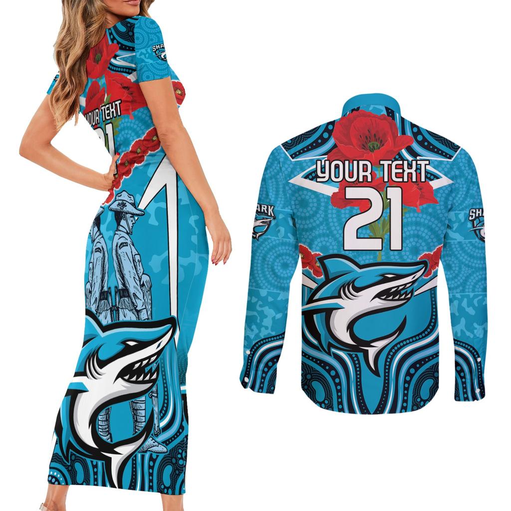 Custom Sharks Rugby ANZAC Couples Matching Short Sleeve Bodycon Dress and Long Sleeve Button Shirt Gallipoli Soldier With Aboriginal Art