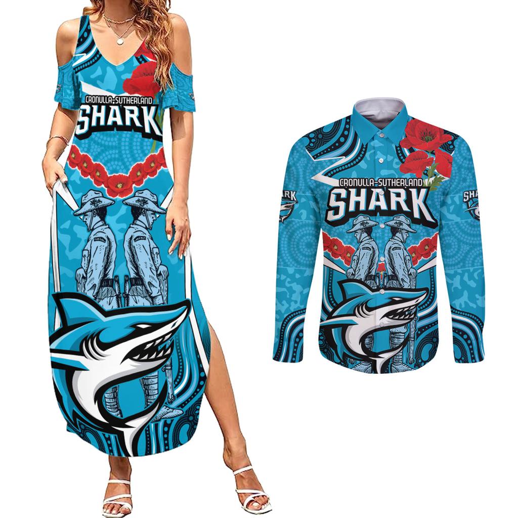 Custom Sharks Rugby ANZAC Couples Matching Summer Maxi Dress and Long Sleeve Button Shirt Gallipoli Soldier With Aboriginal Art