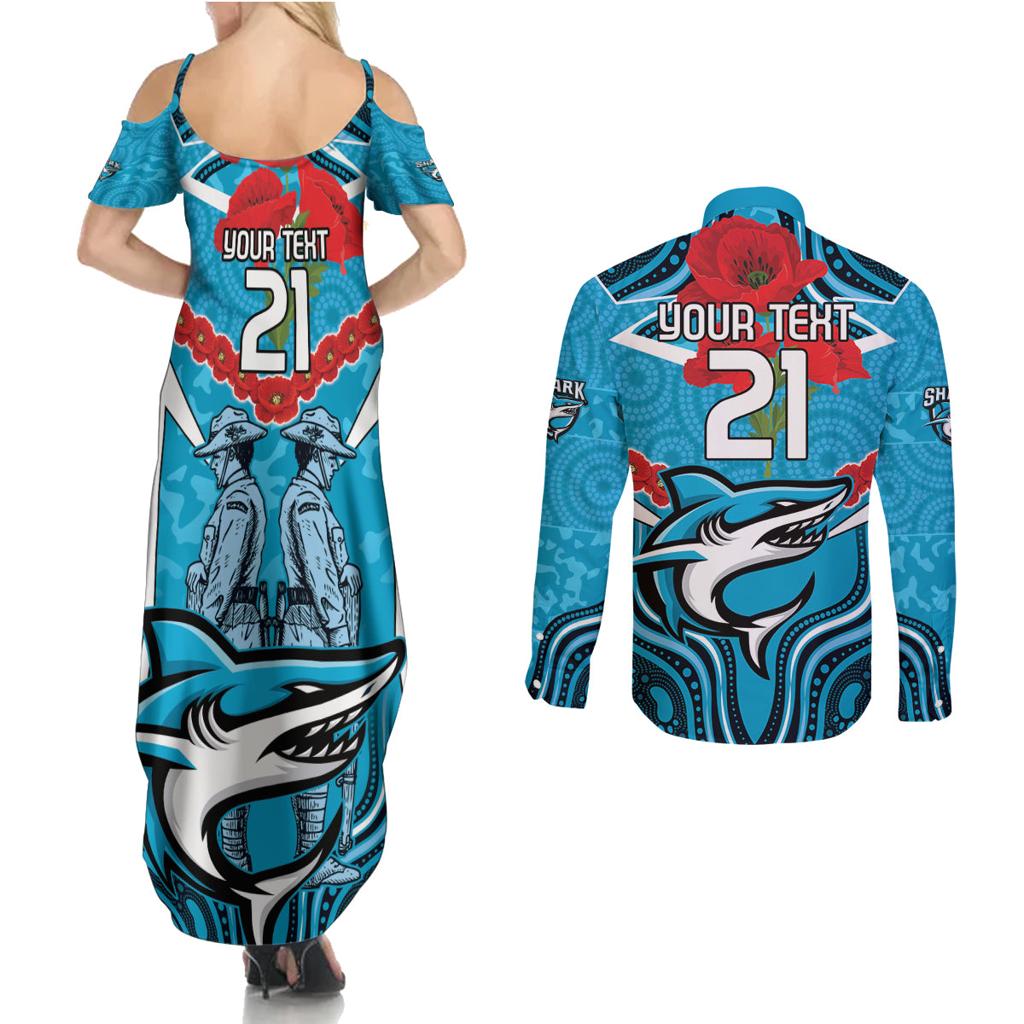 Custom Sharks Rugby ANZAC Couples Matching Summer Maxi Dress and Long Sleeve Button Shirt Gallipoli Soldier With Aboriginal Art