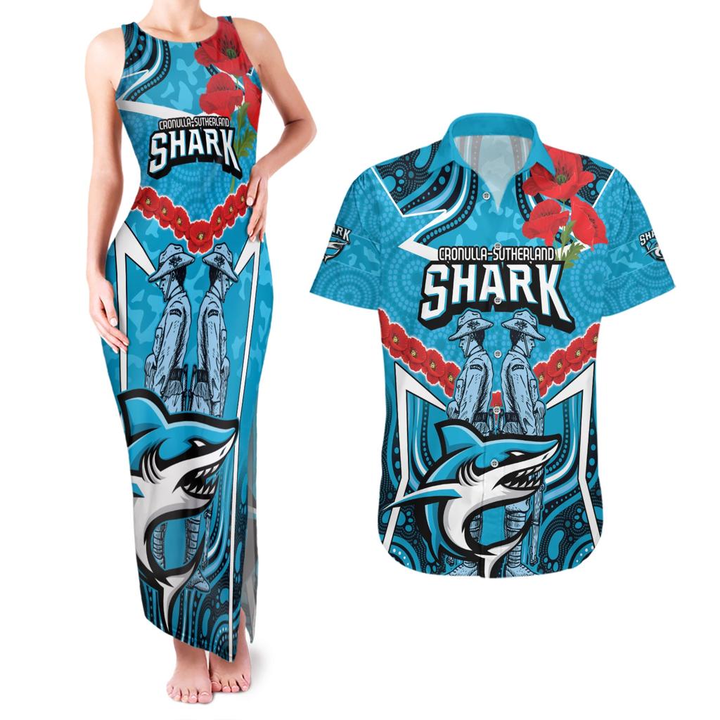 Custom Sharks Rugby ANZAC Couples Matching Tank Maxi Dress and Hawaiian Shirt Gallipoli Soldier With Aboriginal Art