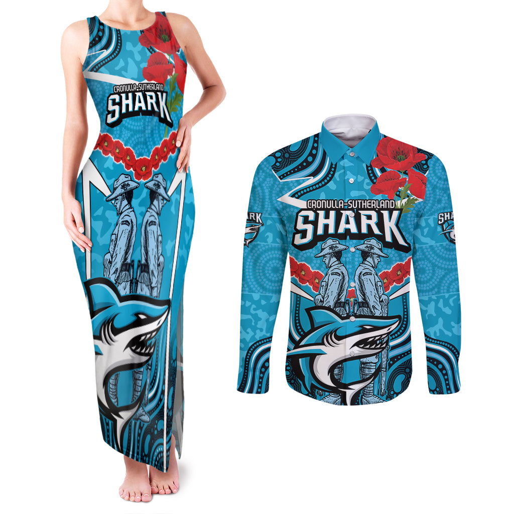 Custom Sharks Rugby ANZAC Couples Matching Tank Maxi Dress and Long Sleeve Button Shirt Gallipoli Soldier With Aboriginal Art