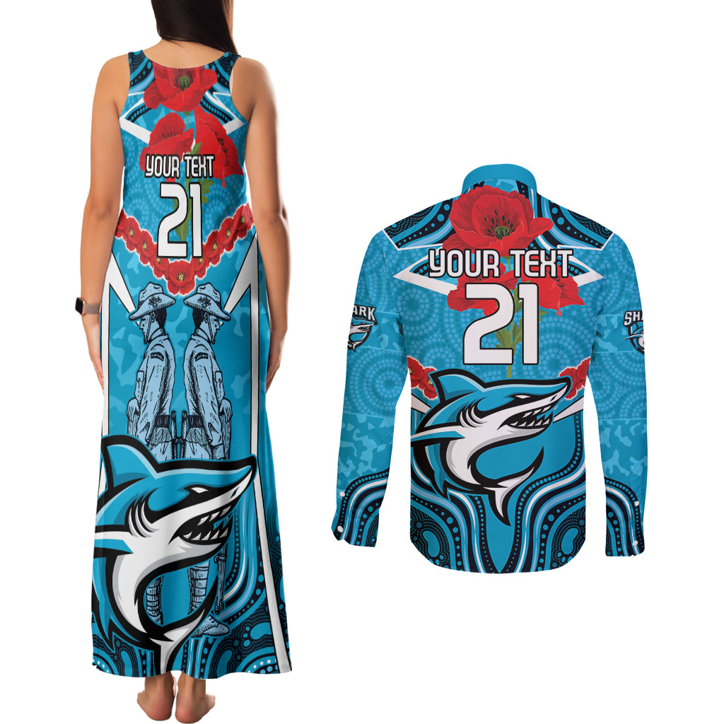 Custom Sharks Rugby ANZAC Couples Matching Tank Maxi Dress and Long Sleeve Button Shirt Gallipoli Soldier With Aboriginal Art