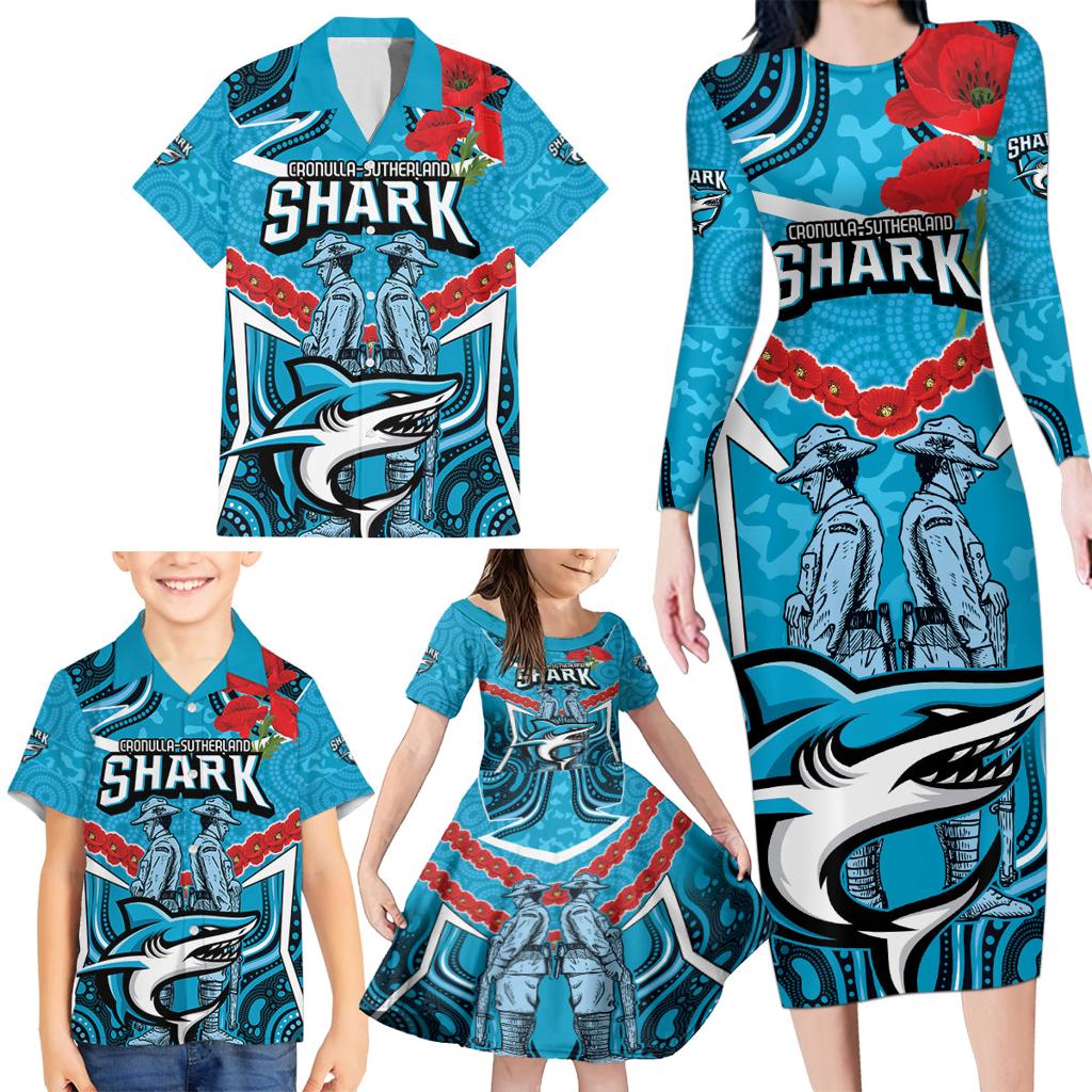 Custom Sharks Rugby ANZAC Family Matching Long Sleeve Bodycon Dress and Hawaiian Shirt Gallipoli Soldier With Aboriginal Art