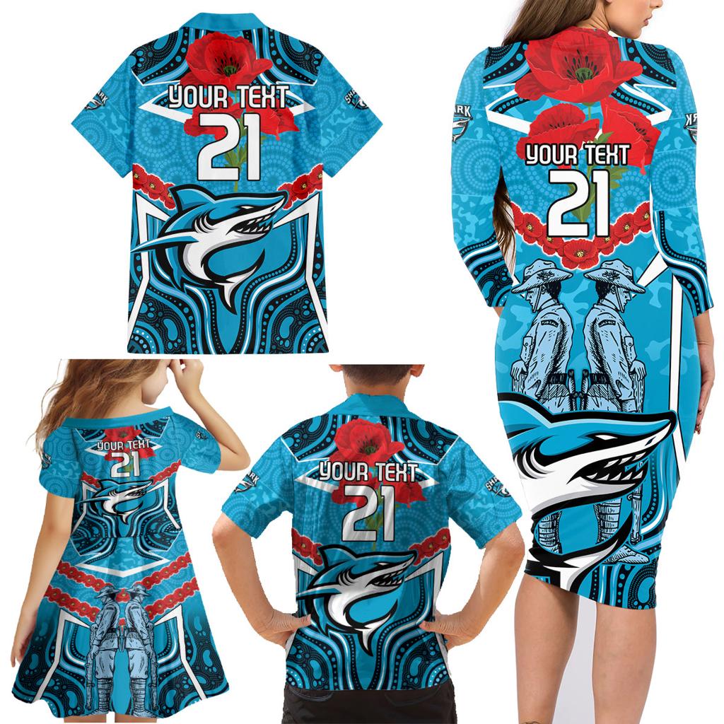 Custom Sharks Rugby ANZAC Family Matching Long Sleeve Bodycon Dress and Hawaiian Shirt Gallipoli Soldier With Aboriginal Art