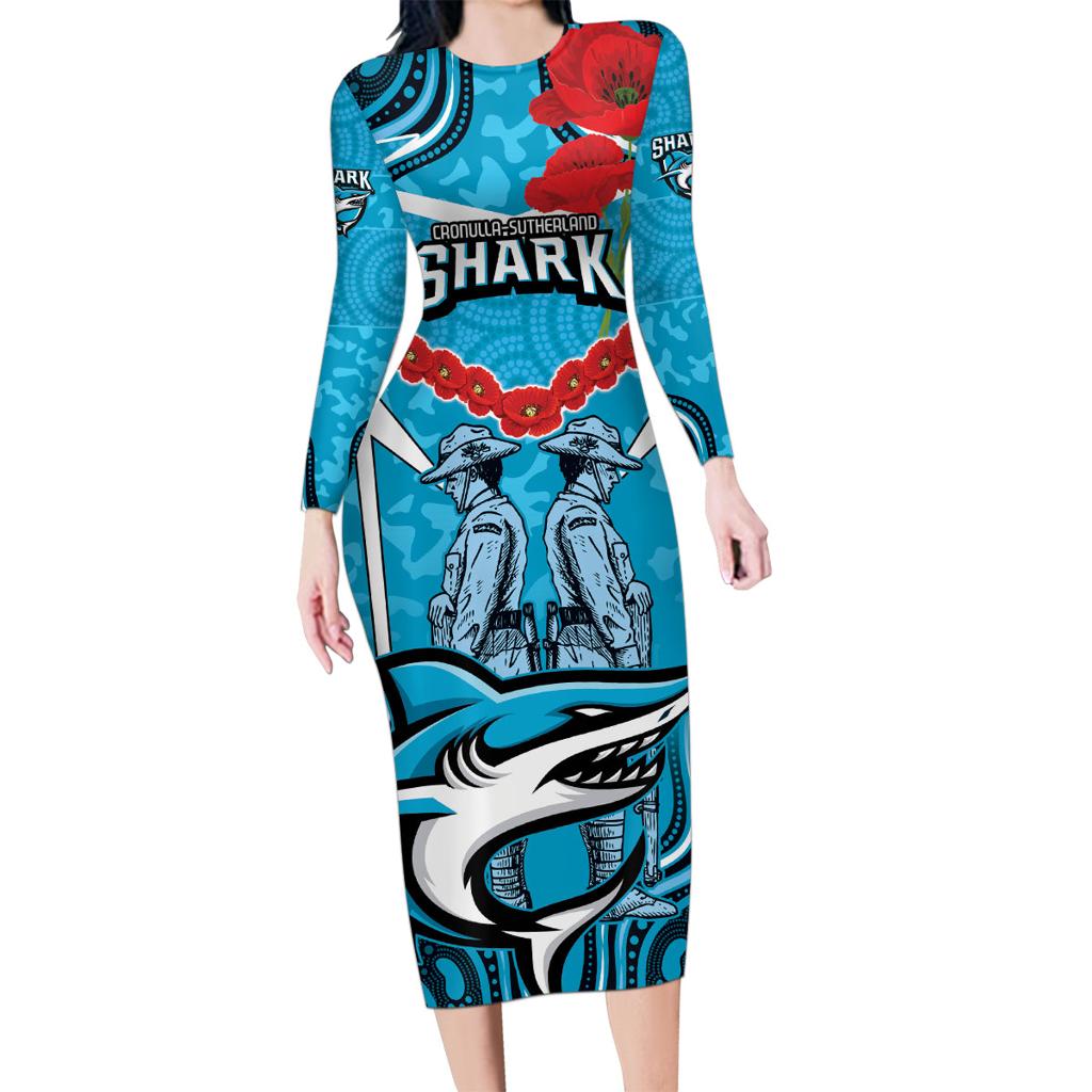 Custom Sharks Rugby ANZAC Family Matching Long Sleeve Bodycon Dress and Hawaiian Shirt Gallipoli Soldier With Aboriginal Art