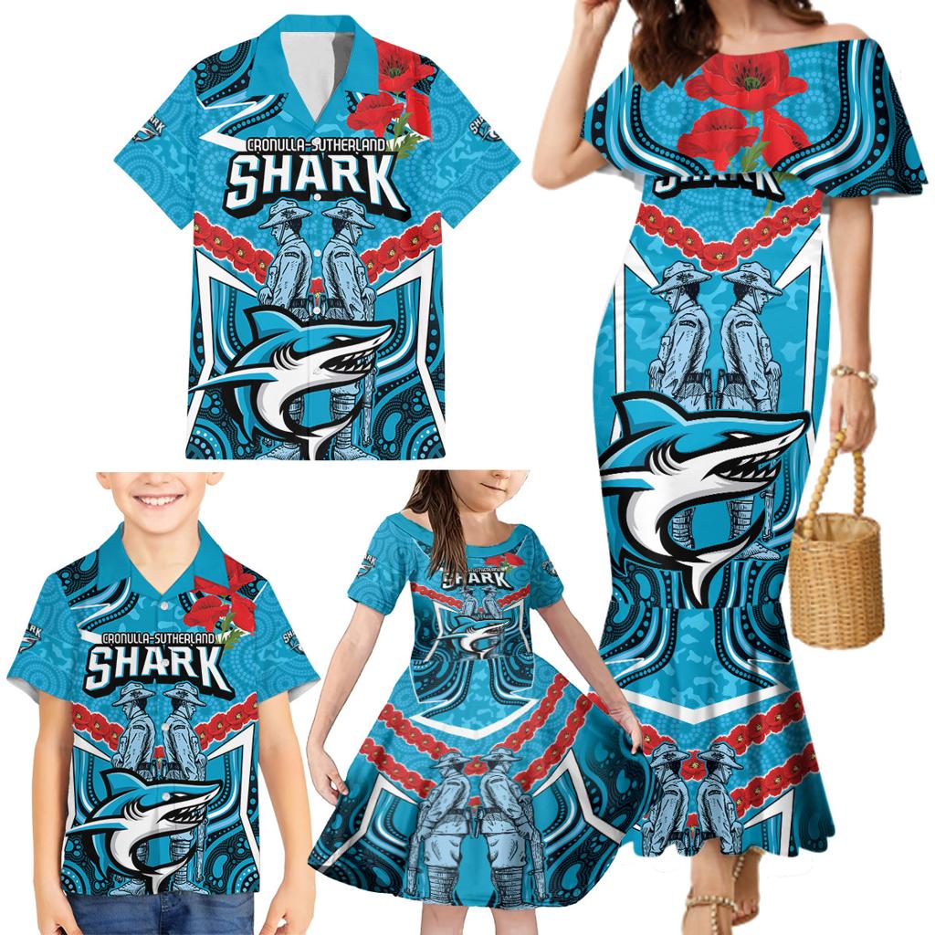 Custom Sharks Rugby ANZAC Family Matching Mermaid Dress and Hawaiian Shirt Gallipoli Soldier With Aboriginal Art