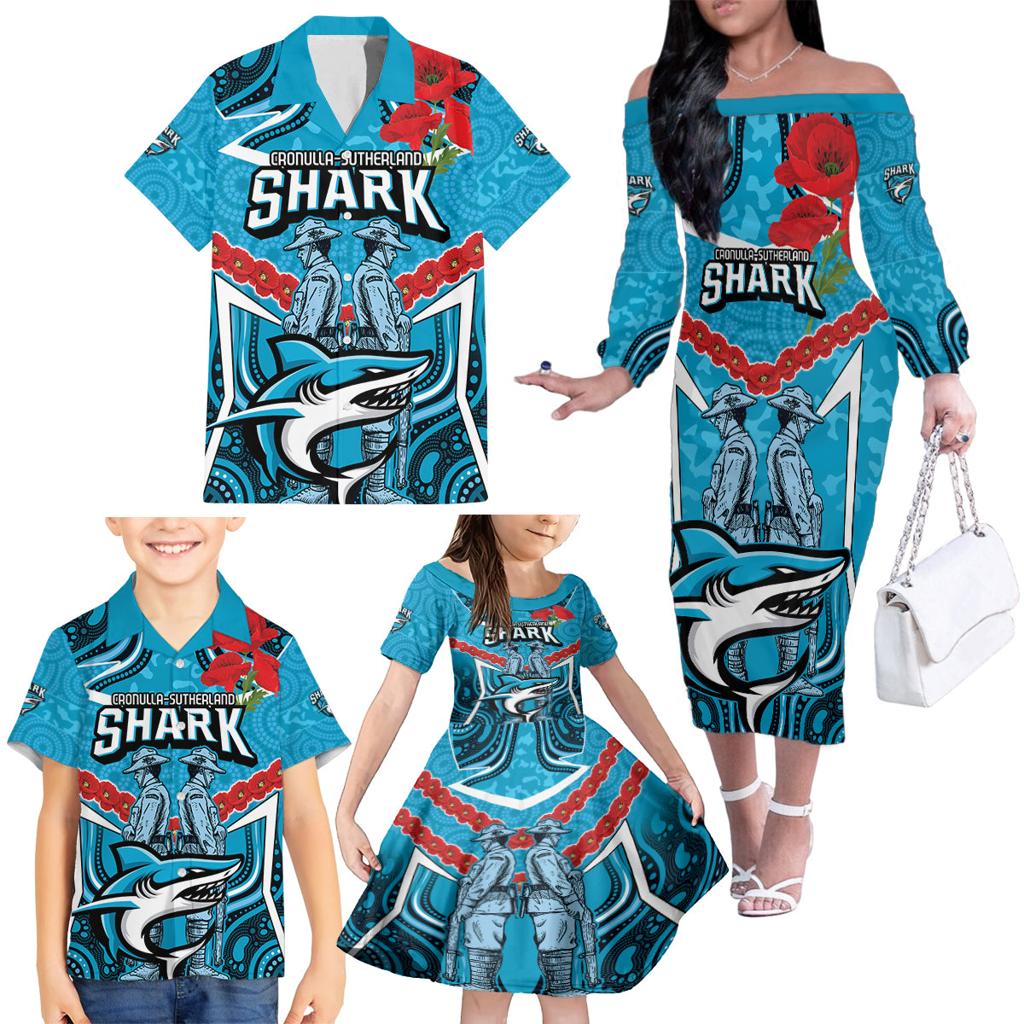 Custom Sharks Rugby ANZAC Family Matching Off The Shoulder Long Sleeve Dress and Hawaiian Shirt Gallipoli Soldier With Aboriginal Art