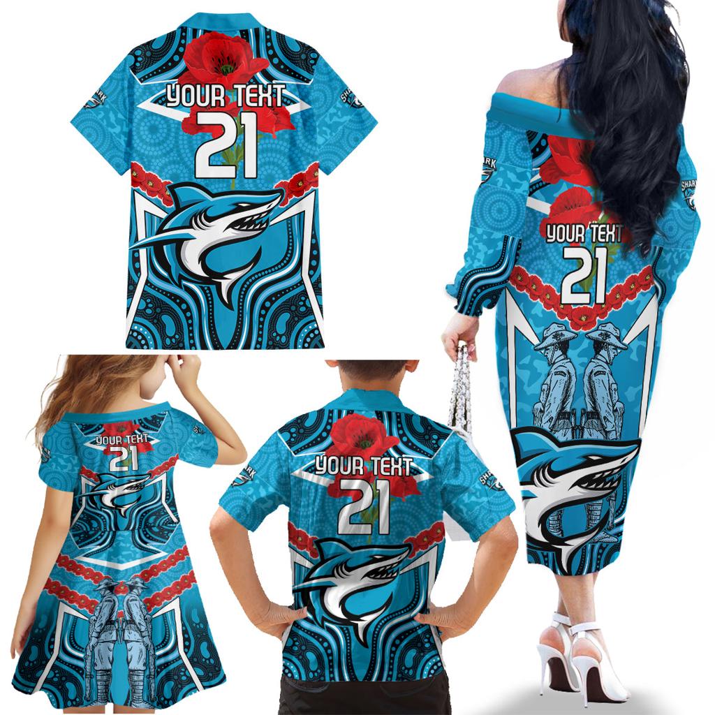 Custom Sharks Rugby ANZAC Family Matching Off The Shoulder Long Sleeve Dress and Hawaiian Shirt Gallipoli Soldier With Aboriginal Art