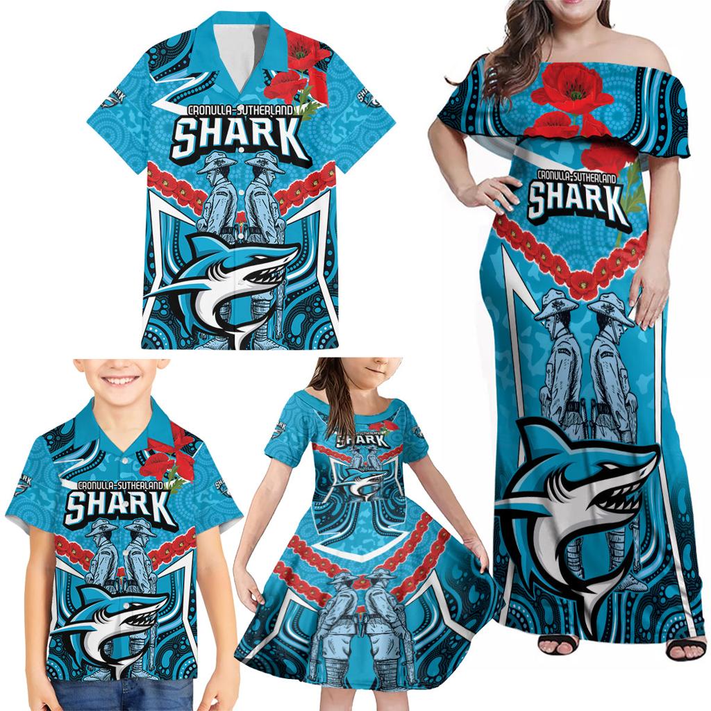 Custom Sharks Rugby ANZAC Family Matching Off Shoulder Maxi Dress and Hawaiian Shirt Gallipoli Soldier With Aboriginal Art