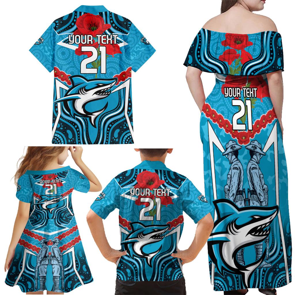 Custom Sharks Rugby ANZAC Family Matching Off Shoulder Maxi Dress and Hawaiian Shirt Gallipoli Soldier With Aboriginal Art