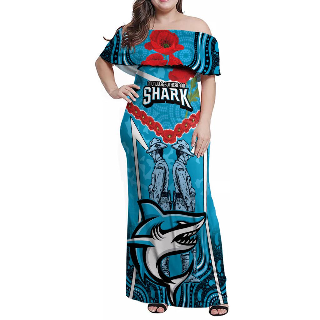 Custom Sharks Rugby ANZAC Family Matching Off Shoulder Maxi Dress and Hawaiian Shirt Gallipoli Soldier With Aboriginal Art