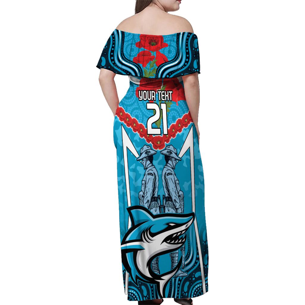 Custom Sharks Rugby ANZAC Family Matching Off Shoulder Maxi Dress and Hawaiian Shirt Gallipoli Soldier With Aboriginal Art