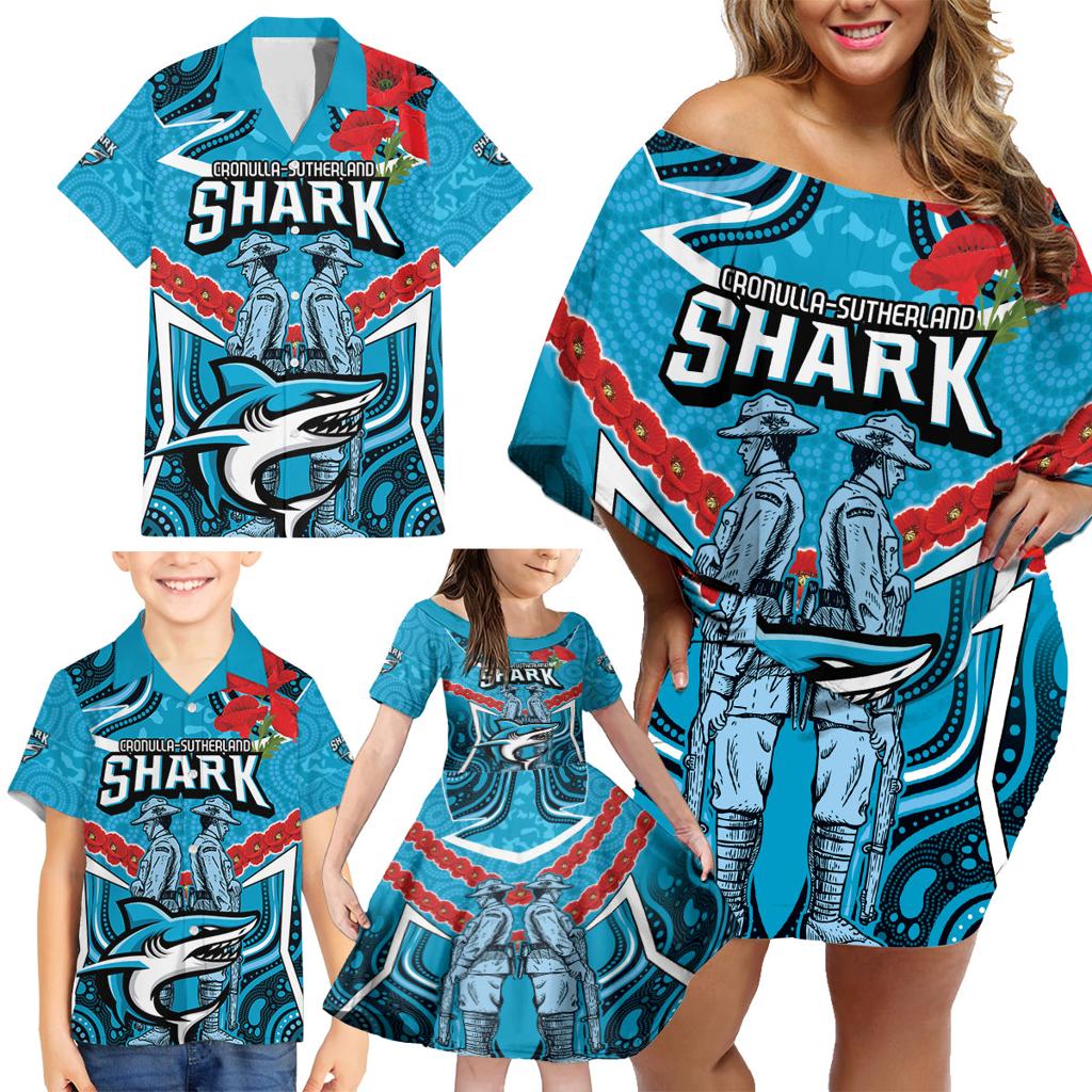 Custom Sharks Rugby ANZAC Family Matching Off Shoulder Short Dress and Hawaiian Shirt Gallipoli Soldier With Aboriginal Art