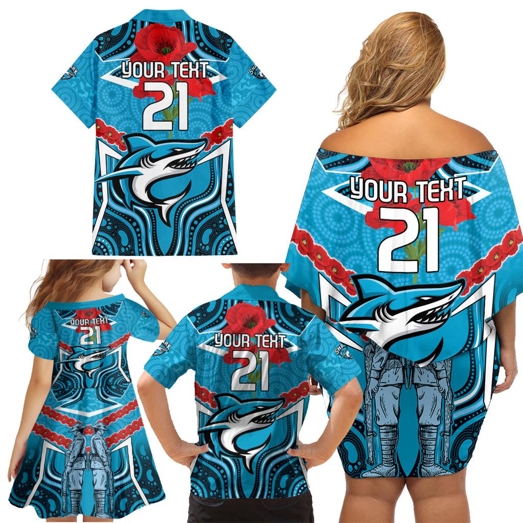 Custom Sharks Rugby ANZAC Family Matching Off Shoulder Short Dress and Hawaiian Shirt Gallipoli Soldier With Aboriginal Art