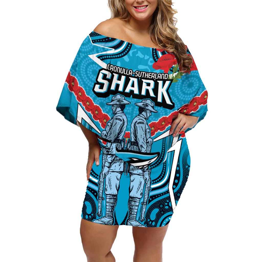 Custom Sharks Rugby ANZAC Family Matching Off Shoulder Short Dress and Hawaiian Shirt Gallipoli Soldier With Aboriginal Art