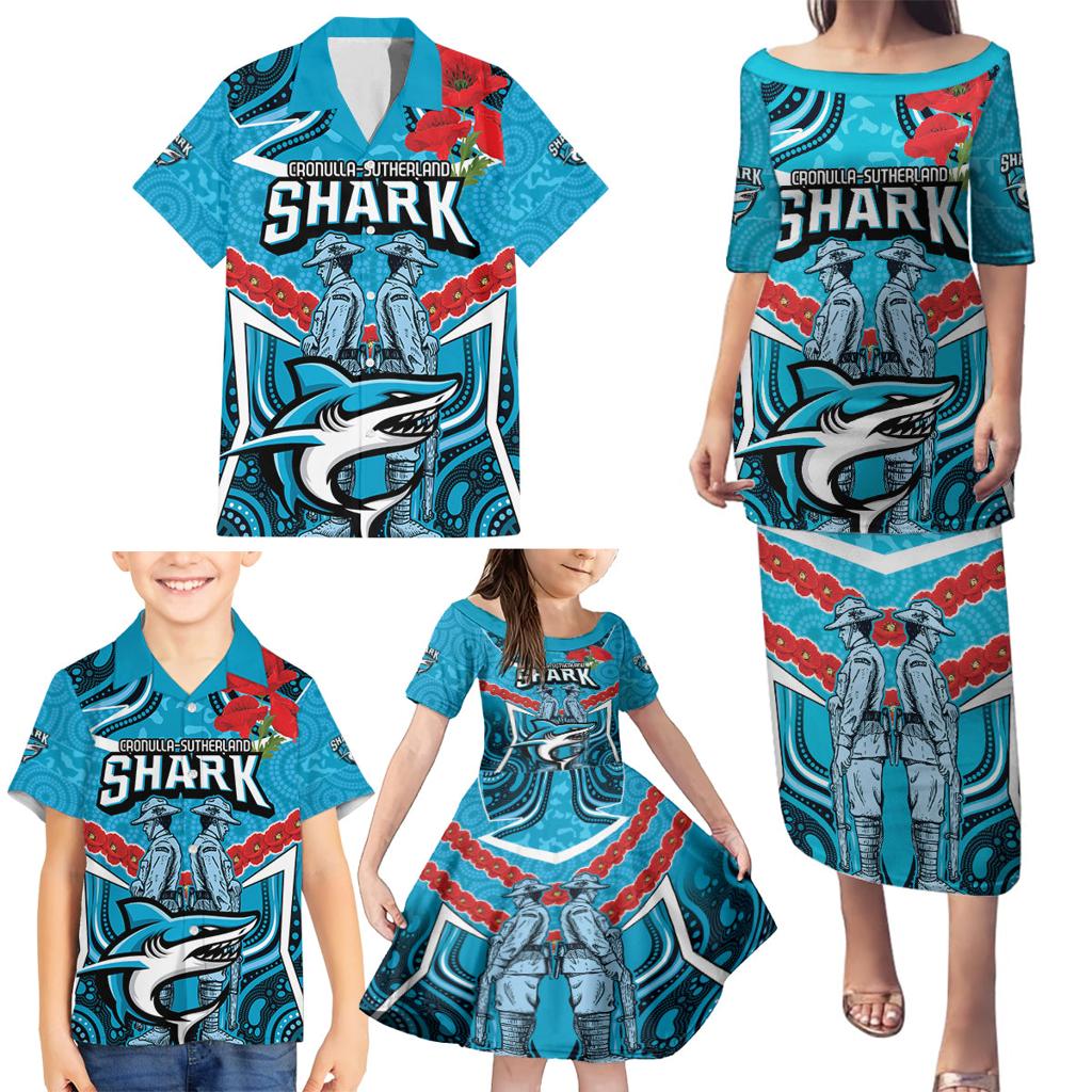 Custom Sharks Rugby ANZAC Family Matching Puletasi and Hawaiian Shirt Gallipoli Soldier With Aboriginal Art