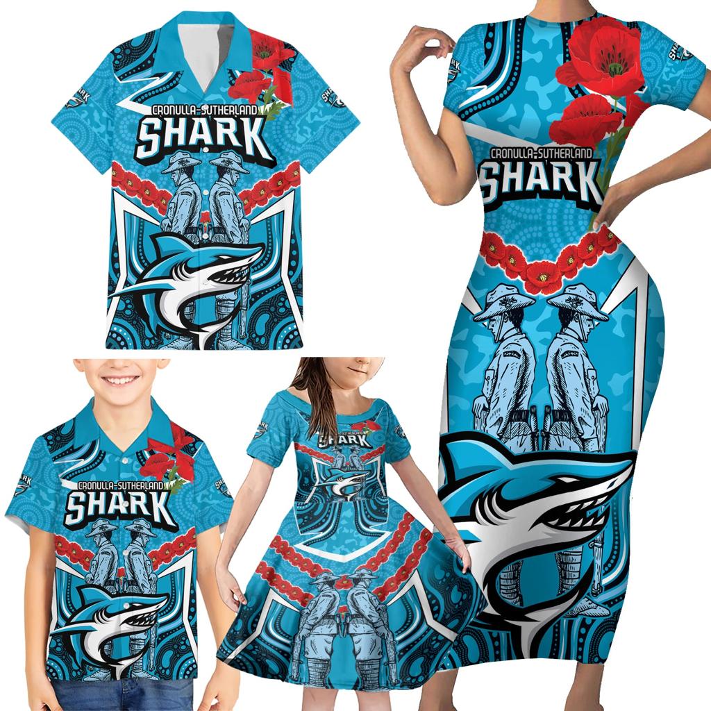 Custom Sharks Rugby ANZAC Family Matching Short Sleeve Bodycon Dress and Hawaiian Shirt Gallipoli Soldier With Aboriginal Art