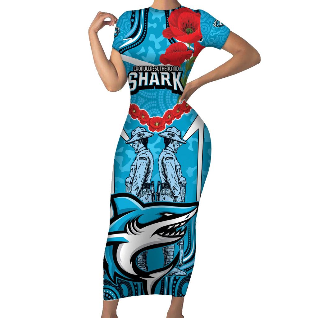 Custom Sharks Rugby ANZAC Family Matching Short Sleeve Bodycon Dress and Hawaiian Shirt Gallipoli Soldier With Aboriginal Art