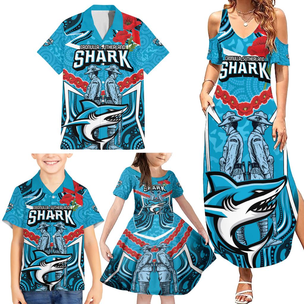 Custom Sharks Rugby ANZAC Family Matching Summer Maxi Dress and Hawaiian Shirt Gallipoli Soldier With Aboriginal Art