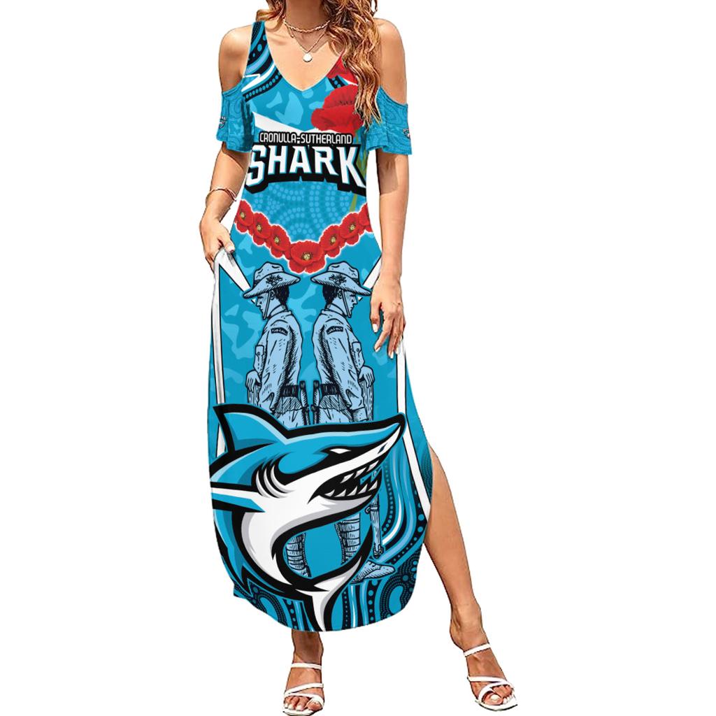 Custom Sharks Rugby ANZAC Family Matching Summer Maxi Dress and Hawaiian Shirt Gallipoli Soldier With Aboriginal Art