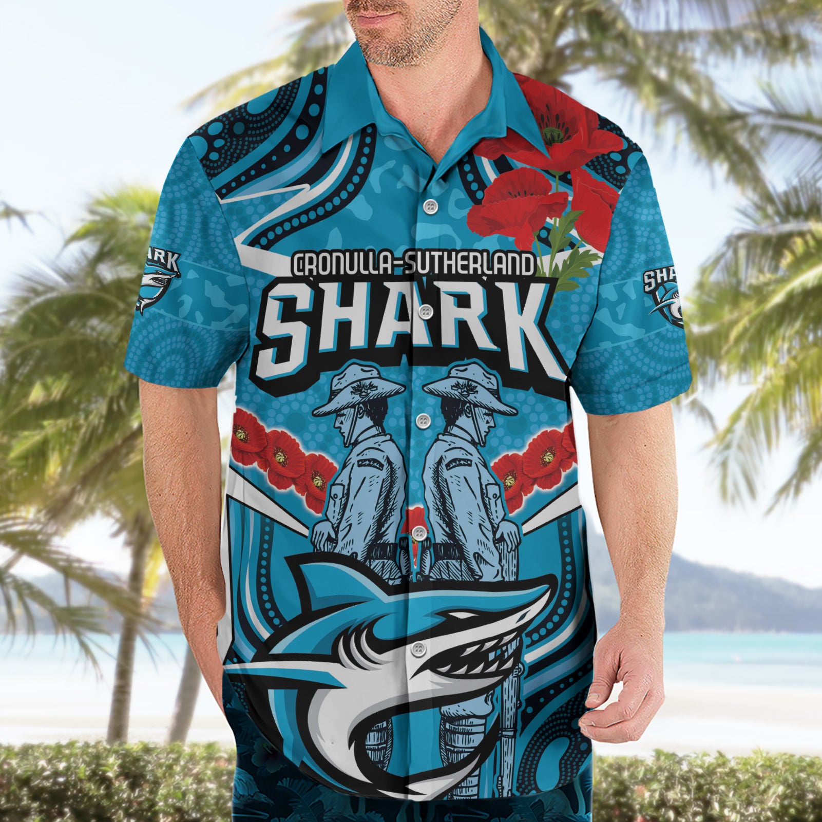 Custom Sharks Rugby ANZAC Hawaiian Shirt Gallipoli Soldier With Aboriginal Art