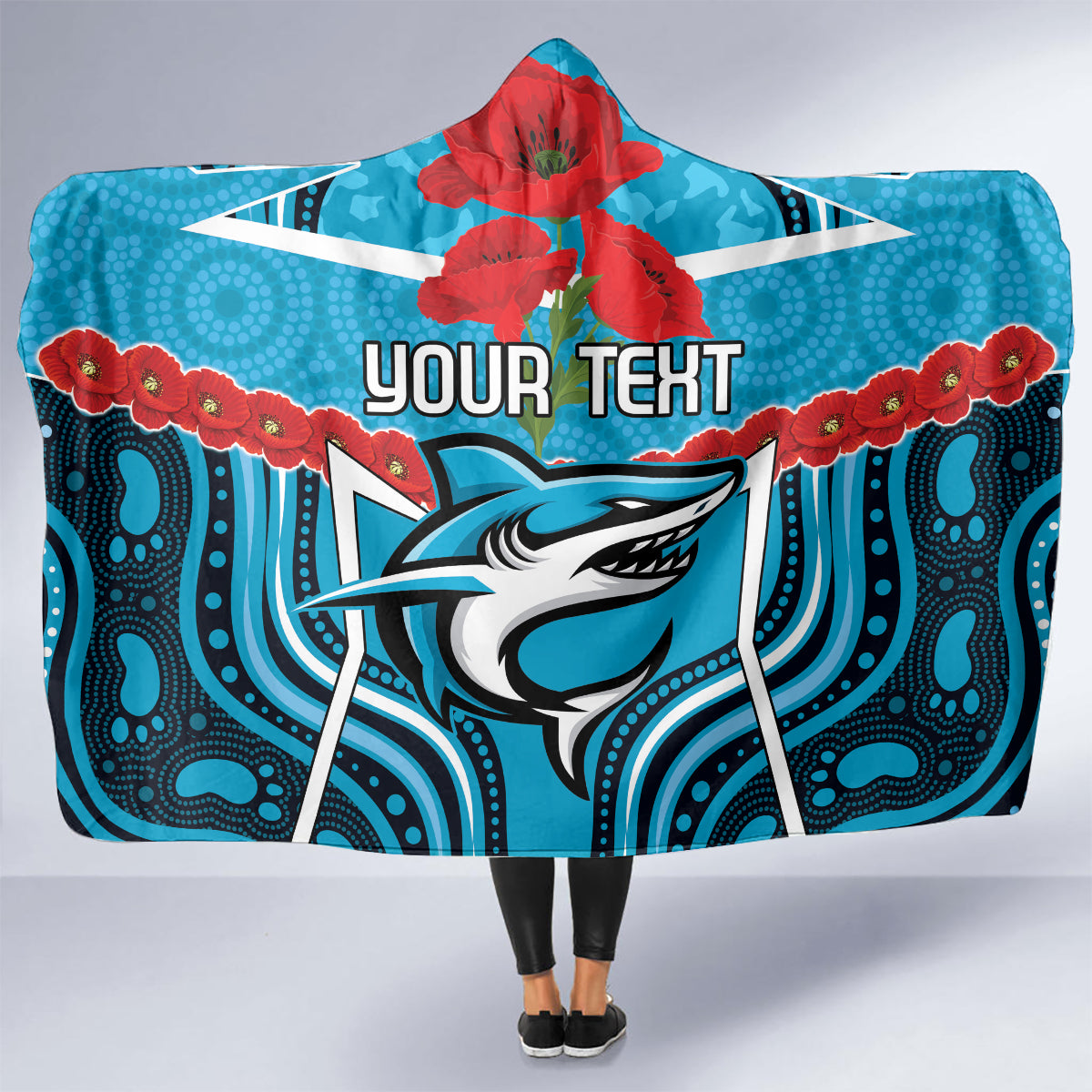 Custom Sharks Rugby ANZAC Hooded Blanket Gallipoli Soldier With Aboriginal Art