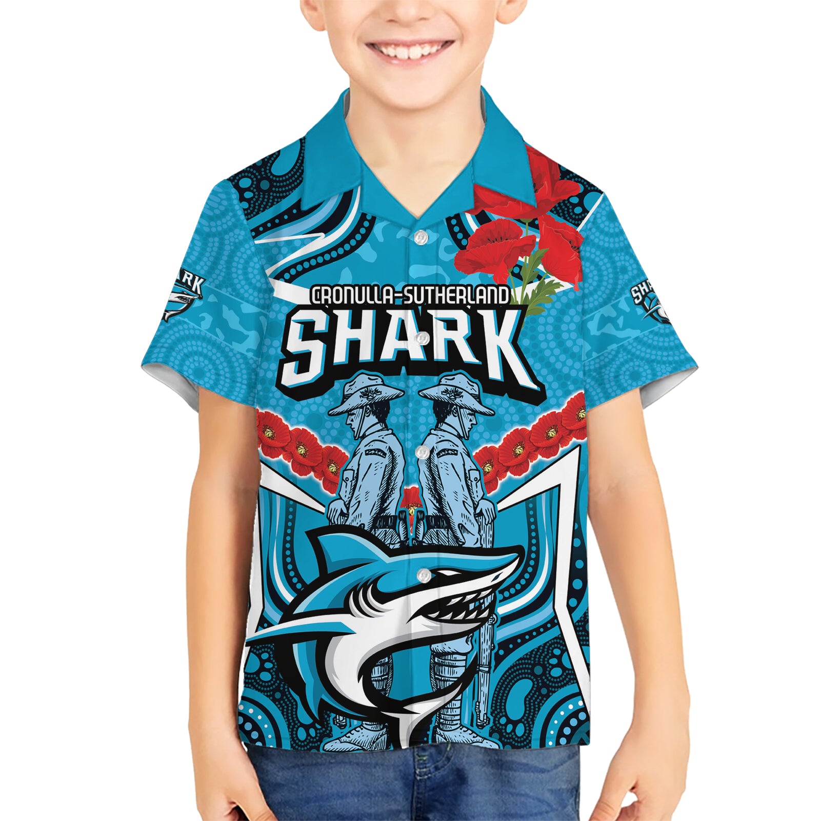 Custom Sharks Rugby ANZAC Kid Hawaiian Shirt Gallipoli Soldier With Aboriginal Art