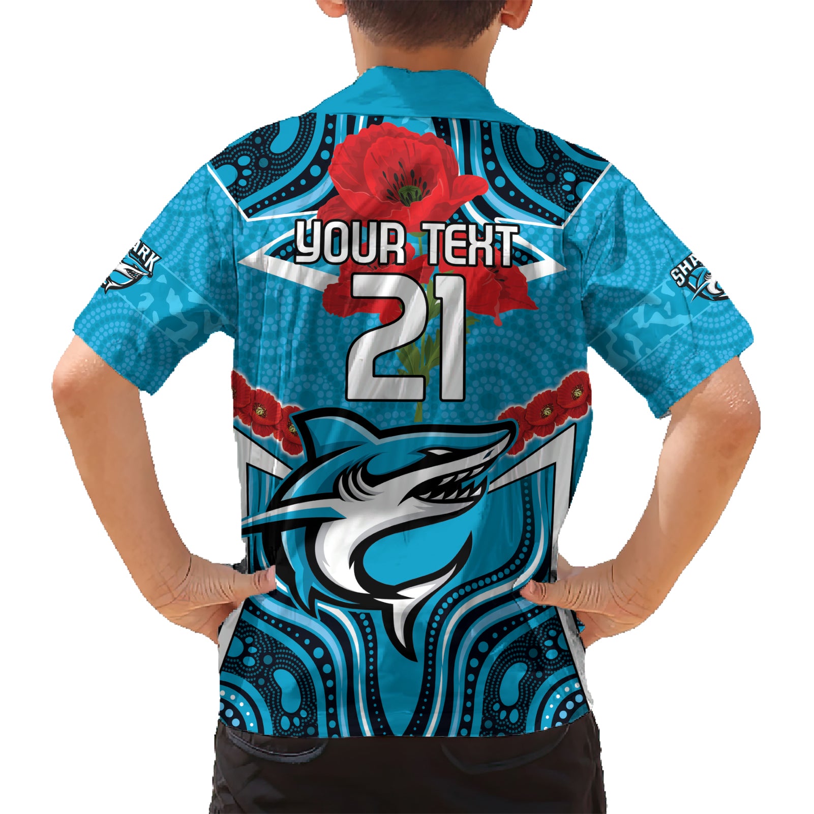 Custom Sharks Rugby ANZAC Kid Hawaiian Shirt Gallipoli Soldier With Aboriginal Art