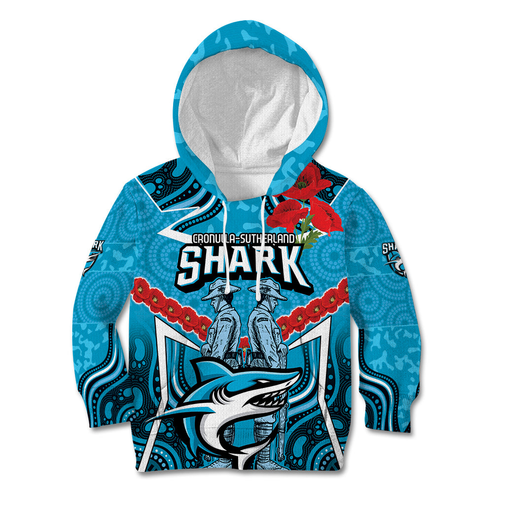 Custom Sharks Rugby ANZAC Kid Hoodie Gallipoli Soldier With Aboriginal Art