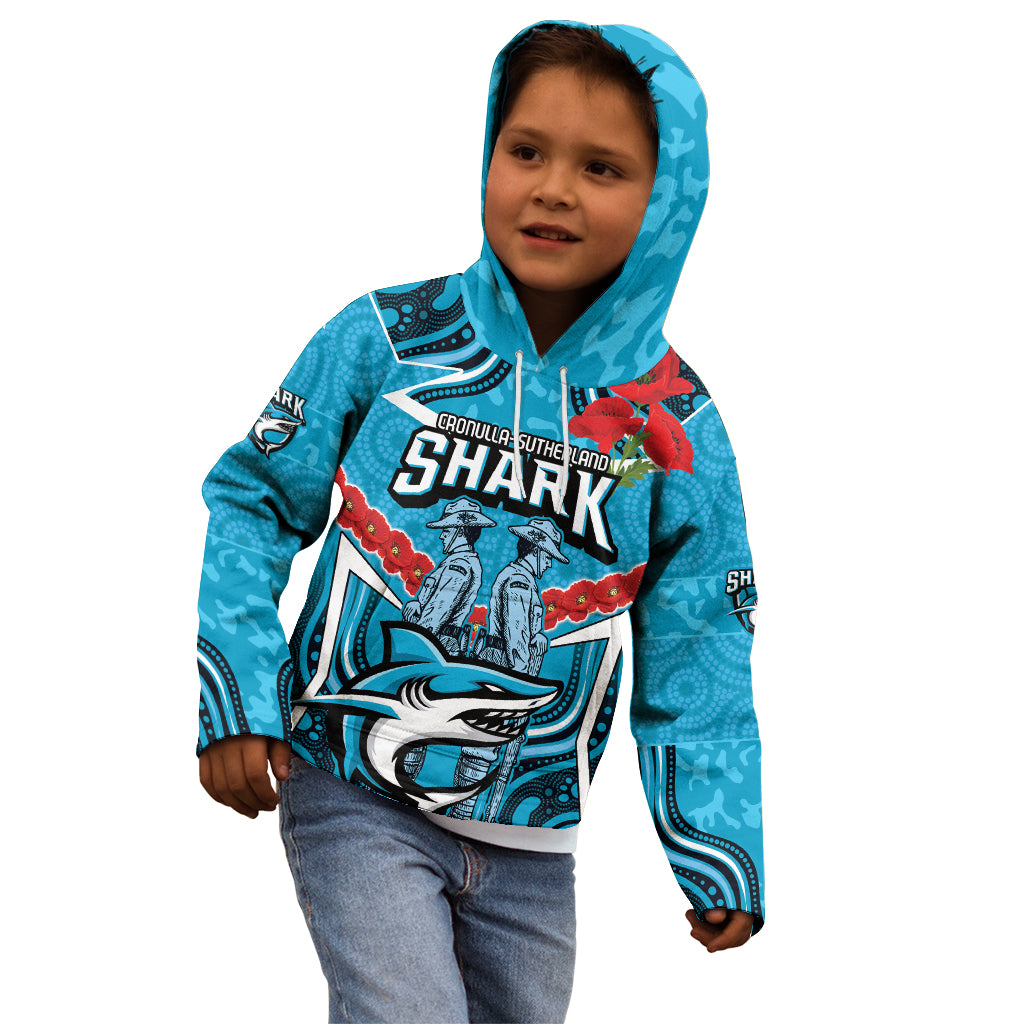 Custom Sharks Rugby ANZAC Kid Hoodie Gallipoli Soldier With Aboriginal Art