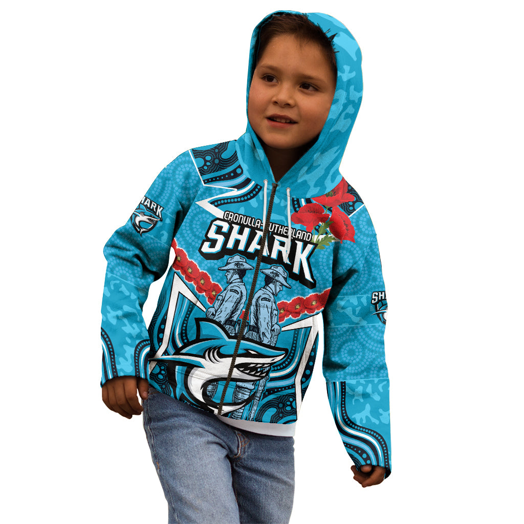 Custom Sharks Rugby ANZAC Kid Hoodie Gallipoli Soldier With Aboriginal Art