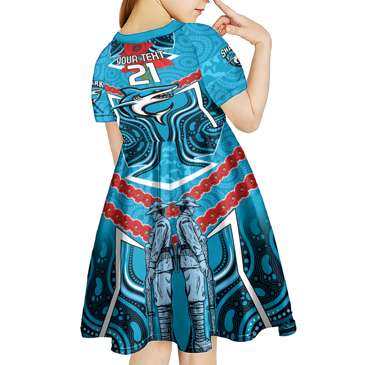 Custom Sharks Rugby ANZAC Kid Short Sleeve Dress Gallipoli Soldier With Aboriginal Art