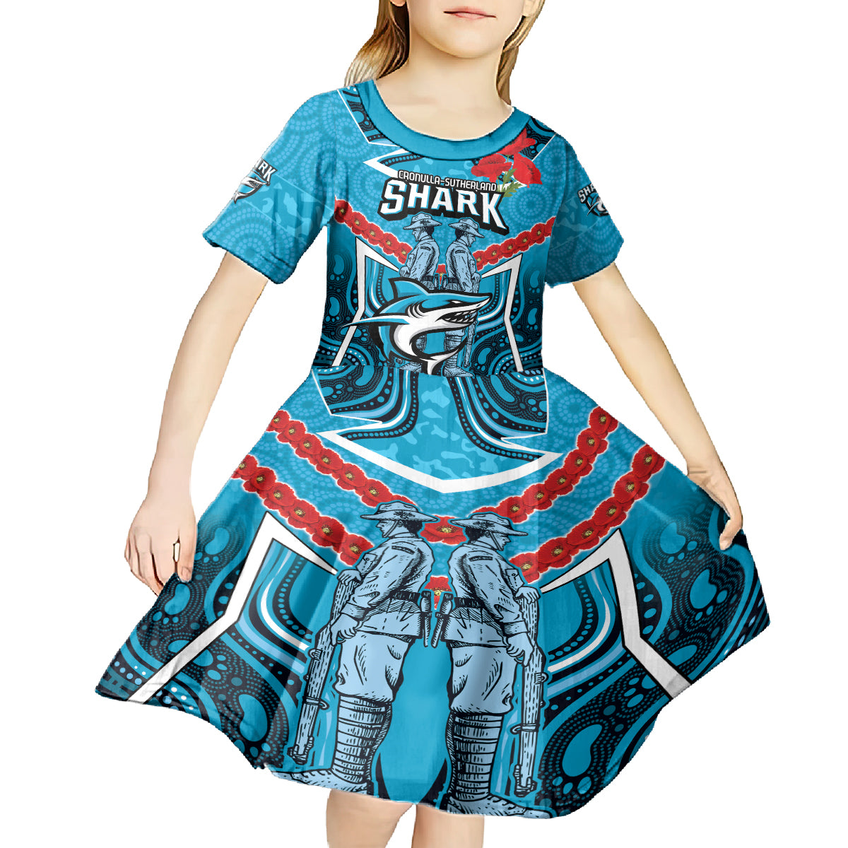 Custom Sharks Rugby ANZAC Kid Short Sleeve Dress Gallipoli Soldier With Aboriginal Art