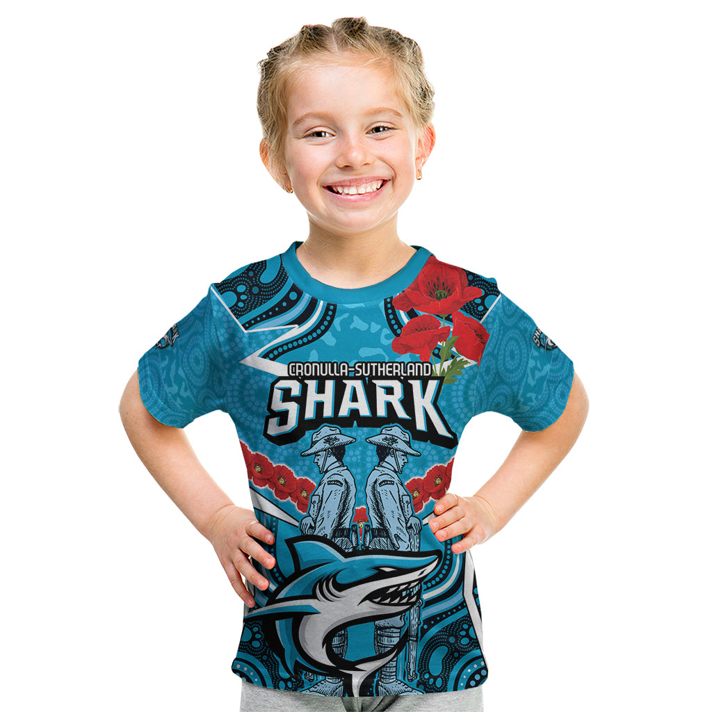 Custom Sharks Rugby ANZAC Kid T Shirt Gallipoli Soldier With Aboriginal Art