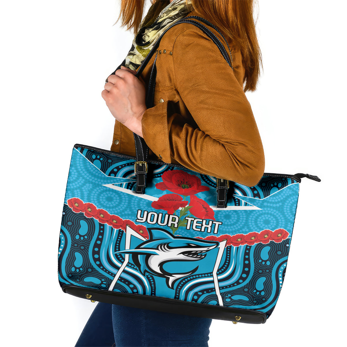 Custom Sharks Rugby ANZAC Leather Tote Bag Gallipoli Soldier With Aboriginal Art