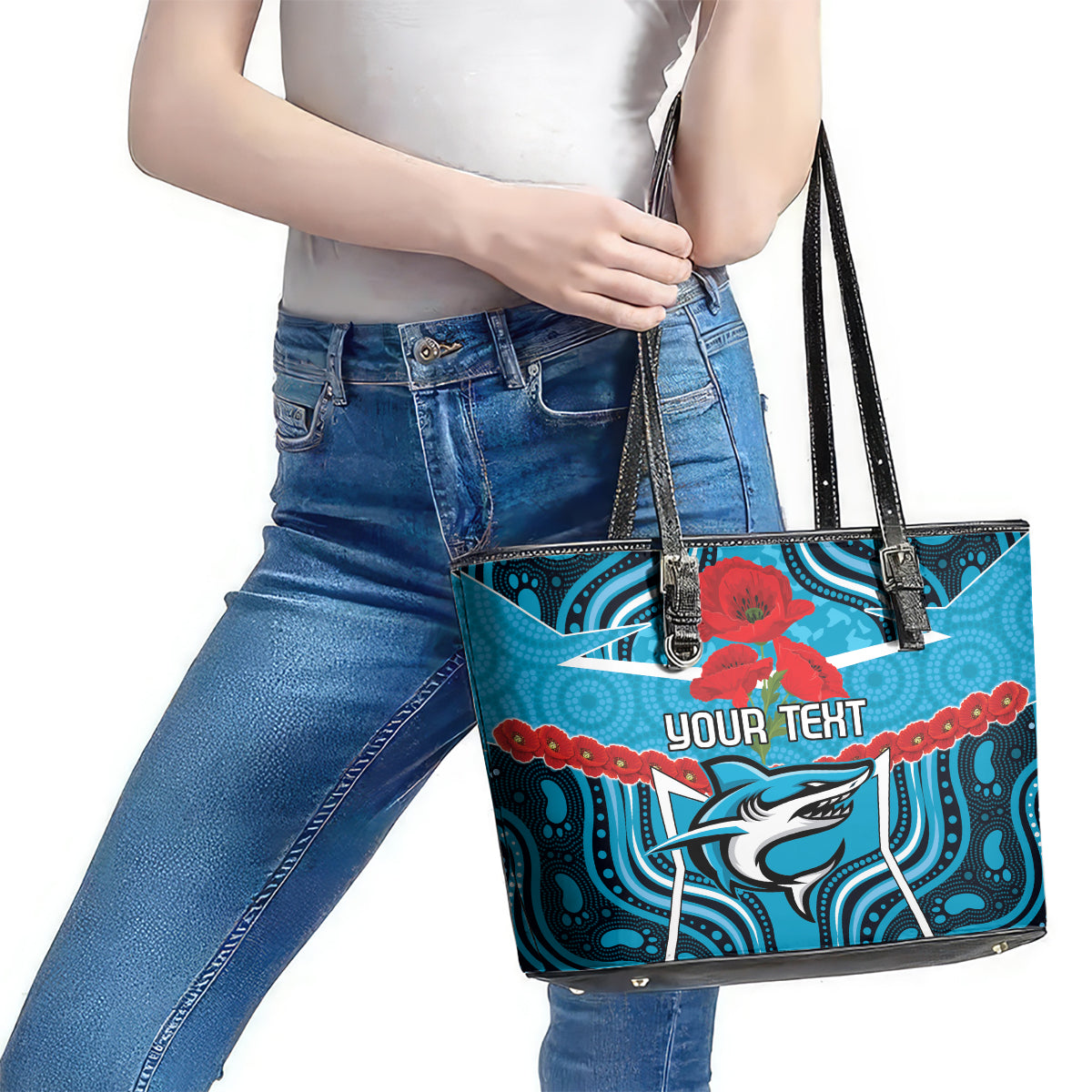 Custom Sharks Rugby ANZAC Leather Tote Bag Gallipoli Soldier With Aboriginal Art