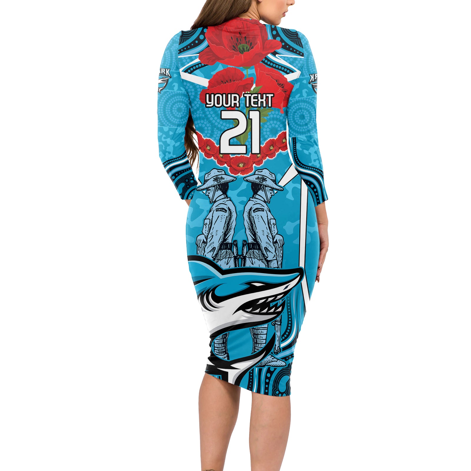 Custom Sharks Rugby ANZAC Long Sleeve Bodycon Dress Gallipoli Soldier With Aboriginal Art