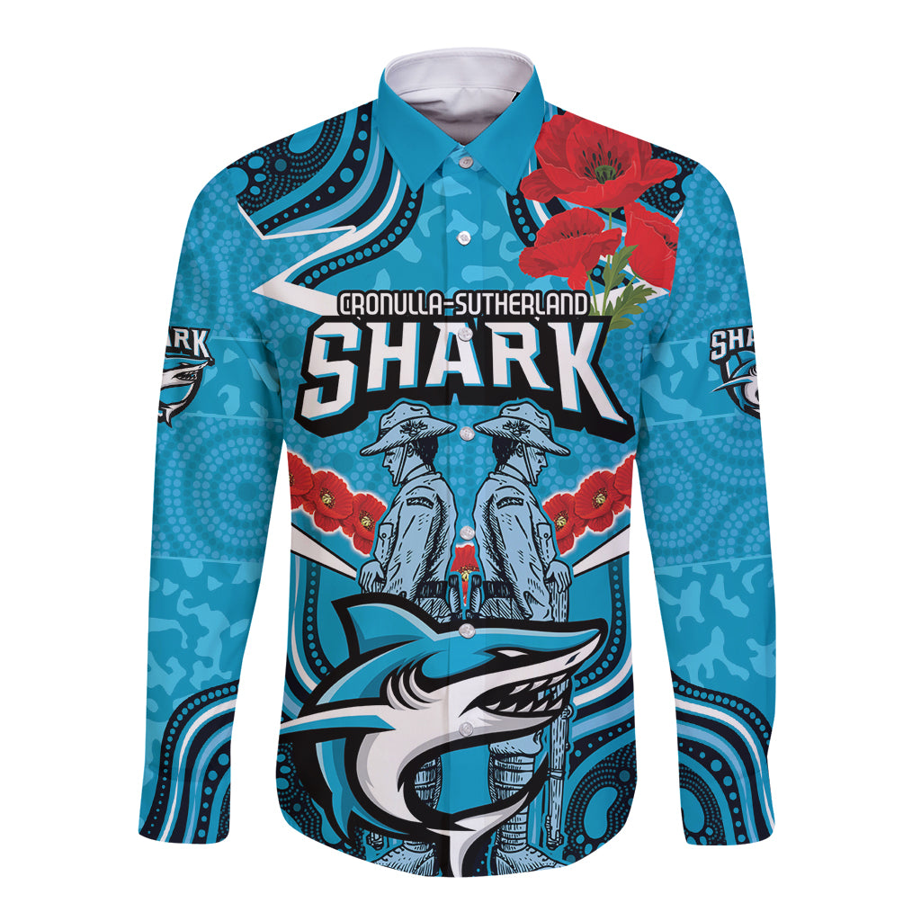 Custom Sharks Rugby ANZAC Long Sleeve Button Shirt Gallipoli Soldier With Aboriginal Art