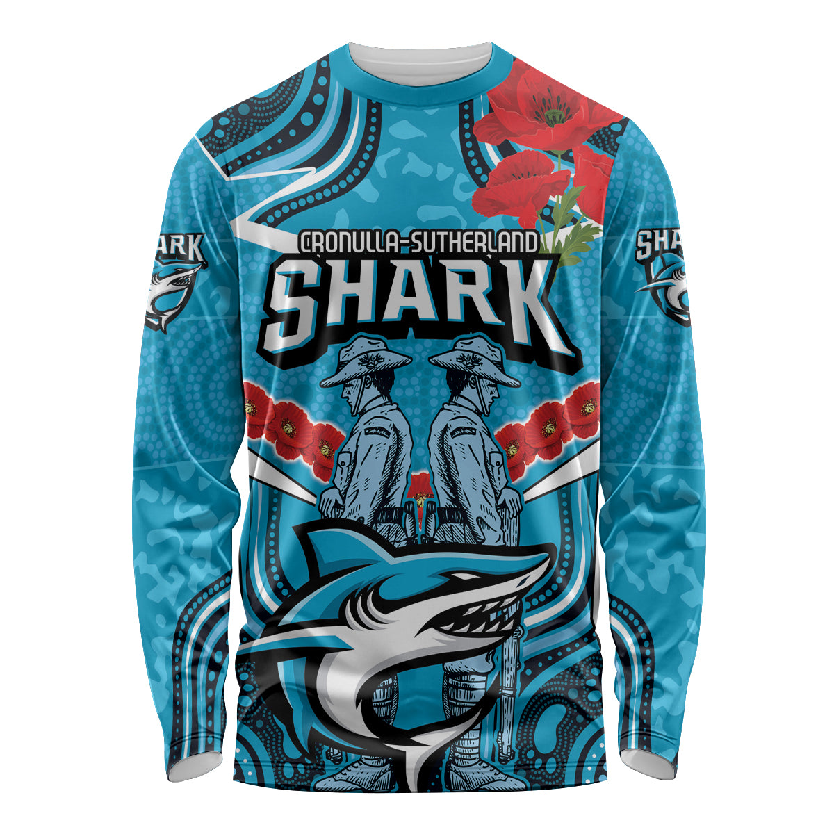 Custom Sharks Rugby ANZAC Long Sleeve Shirt Gallipoli Soldier With Aboriginal Art