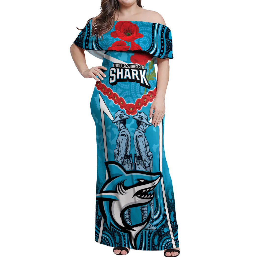 Custom Sharks Rugby ANZAC Off Shoulder Maxi Dress Gallipoli Soldier With Aboriginal Art