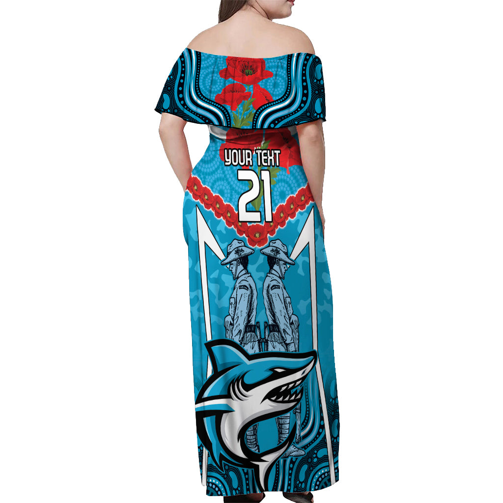 Custom Sharks Rugby ANZAC Off Shoulder Maxi Dress Gallipoli Soldier With Aboriginal Art